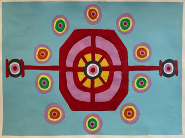 A blue background on A2 paper with an octagon, lines going through the middle with a circle at the end. Around the octagon there are 10 circles of pink, yellow, orange, green and red.