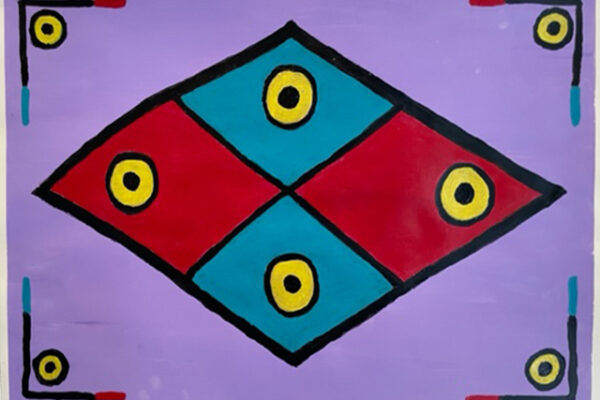 A lilac background with four brackets with four circles in each corner. In the middle is a stretched diamond with two red and two teal diamonds with one yellow and black circle in each diamond.