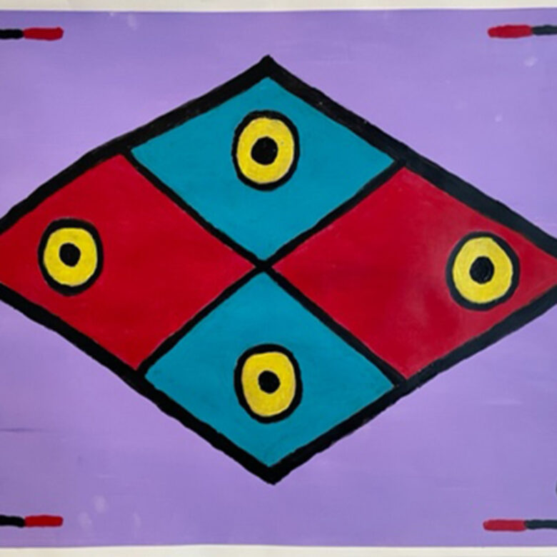 A lilac background with four brackets with four circles in each corner. In the middle is a stretched diamond with two red and two teal diamonds with one yellow and black circle in each diamond.