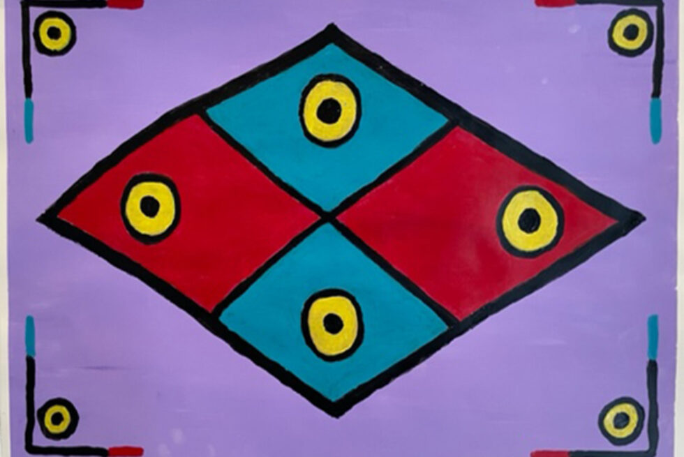 A lilac background with four brackets with four circles in each corner. In the middle is a stretched diamond with two red and two teal diamonds with one yellow and black circle in each diamond.