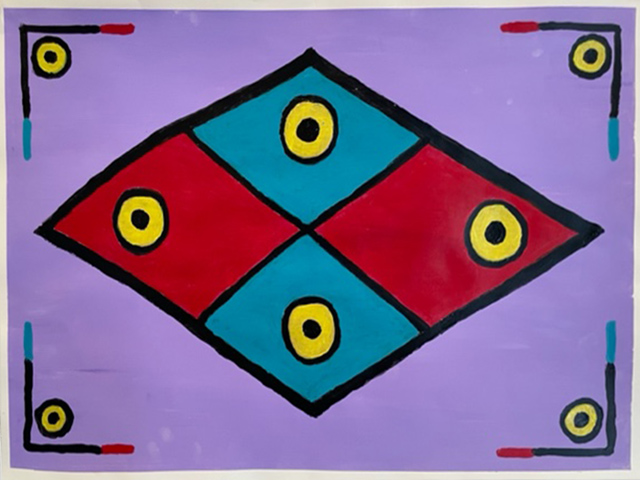 A lilac background with four brackets with four circles in each corner. In the middle is a stretched diamond with two red and two teal diamonds with one yellow and black circle in each diamond.