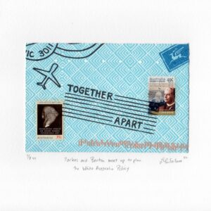 A blue pattern background with postmarks reading ‘together… apart’ stamps, two with old men. Under one is text reading ‘federation speech Sir Henry Parkes Tenterfield 1889’, the other says ‘centenary of federation. First Prime Minister Edmund Barton’.