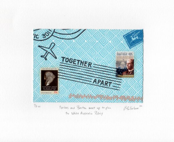 A blue pattern background with postmarks reading ‘together… apart’ stamps, two with old men. Under one is text reading ‘federation speech Sir Henry Parkes Tenterfield 1889’, the other says ‘centenary of federation. First Prime Minister Edmund Barton’.