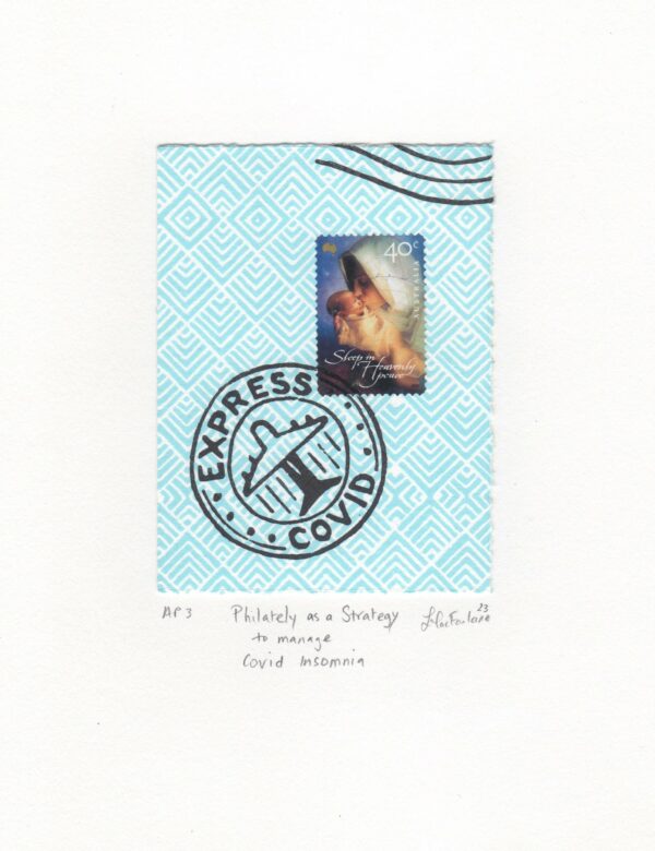 A light blue pattern background with a stamp at the top with the virgin mary and baby Jesus. Text reads ‘sleep in heavenly peace’. Another stamp reads ‘covid express’.