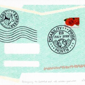 A blue-green pattern background with postage stamps reading ‘covid express’ and ‘disability pride month’, another one has two bright red roses.