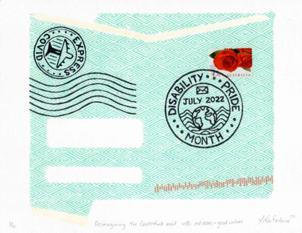 A blue-green pattern background with postage stamps reading ‘covid express’ and ‘disability pride month’, another one has two bright red roses.