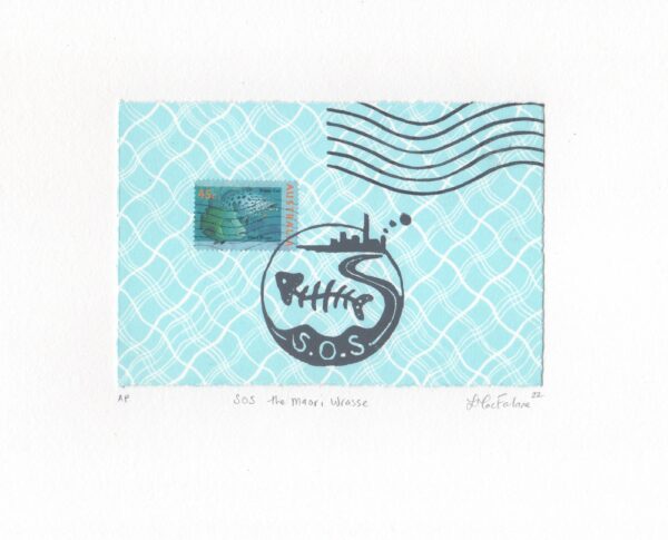 A light blue pattern with a 45c stamp picturing two fish, one green and one light with dark spots. Text reads ‘potato cod’ over the spotted fish and ‘maori wrasse’ next to the green.