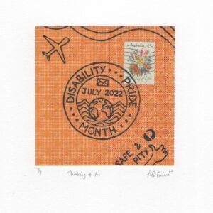 Orange pattern background with postage stamps with wildflowers and text reading ‘thinking of you’ and ‘disability pride month’