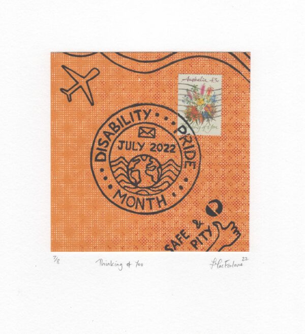 Orange pattern background with postage stamps with wildflowers and text reading ‘thinking of you’ and ‘disability pride month’
