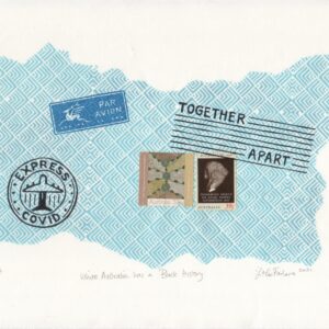 Stamps on patterned background with text reading ‘together… apart. ’The first has Aboriginal artwork. The second is an old with text reading ‘federation speech Sir Henry Parkes Tenterfield 1889’.