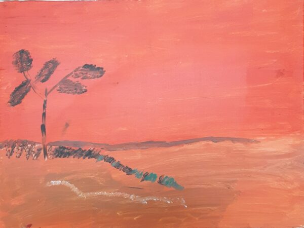 Abstract of the outback, single tree with orange, pink background