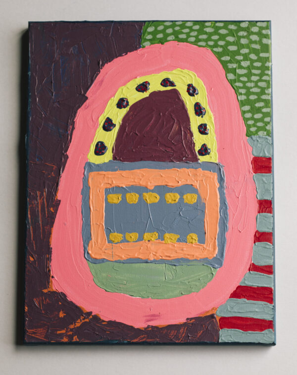 This painting is highly textural and may be gently touched. There is a central oval shape and colourful markings.