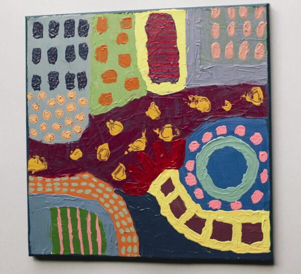 This painting is highly textural and may be gently touched. This painting is large and square.