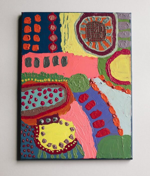 This painting is highly textural and may be gently touched. This painting is small and rectangular. It has a variety of bright colourful shapes that are organic and fluid.