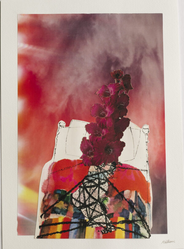 A pink and purple sky with figure lying in bed on a colourful bedspread. They are chained to a bed and a large tower of magenta flowers are covering their face.