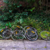 a pile of disposed and rusted bike tires and frames amongst some greenery