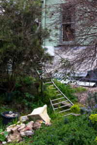 A metal ladder sitting amongst an overgrown garden with broken bricks in the foreground
