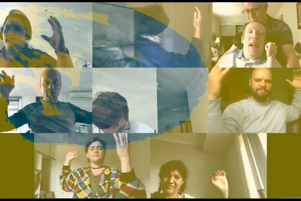 people looking into webcams as colours are overlapped