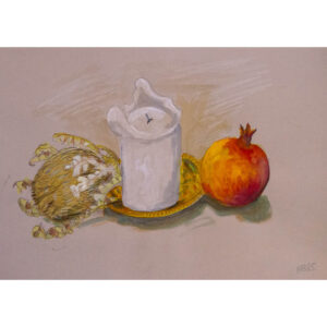 Still life of candle and fruit