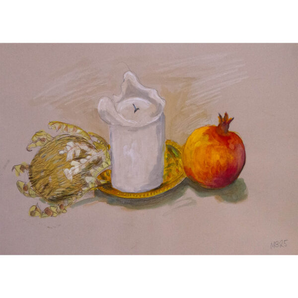 Still life of candle and fruit