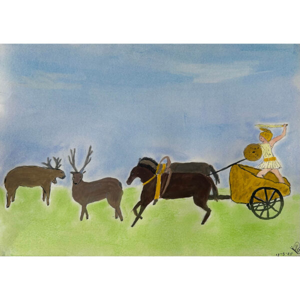 Charioteer with horses and stags