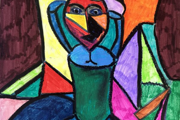 A nude person person made up of acstract shapes and colours.