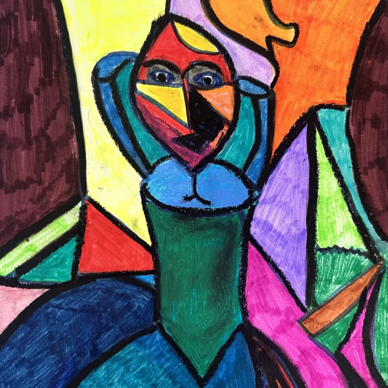 A nude person person made up of acstract shapes and colours.
