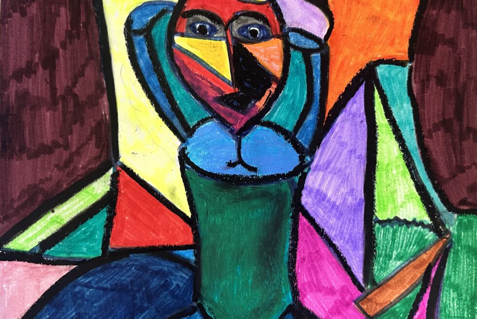 A nude person person made up of acstract shapes and colours.