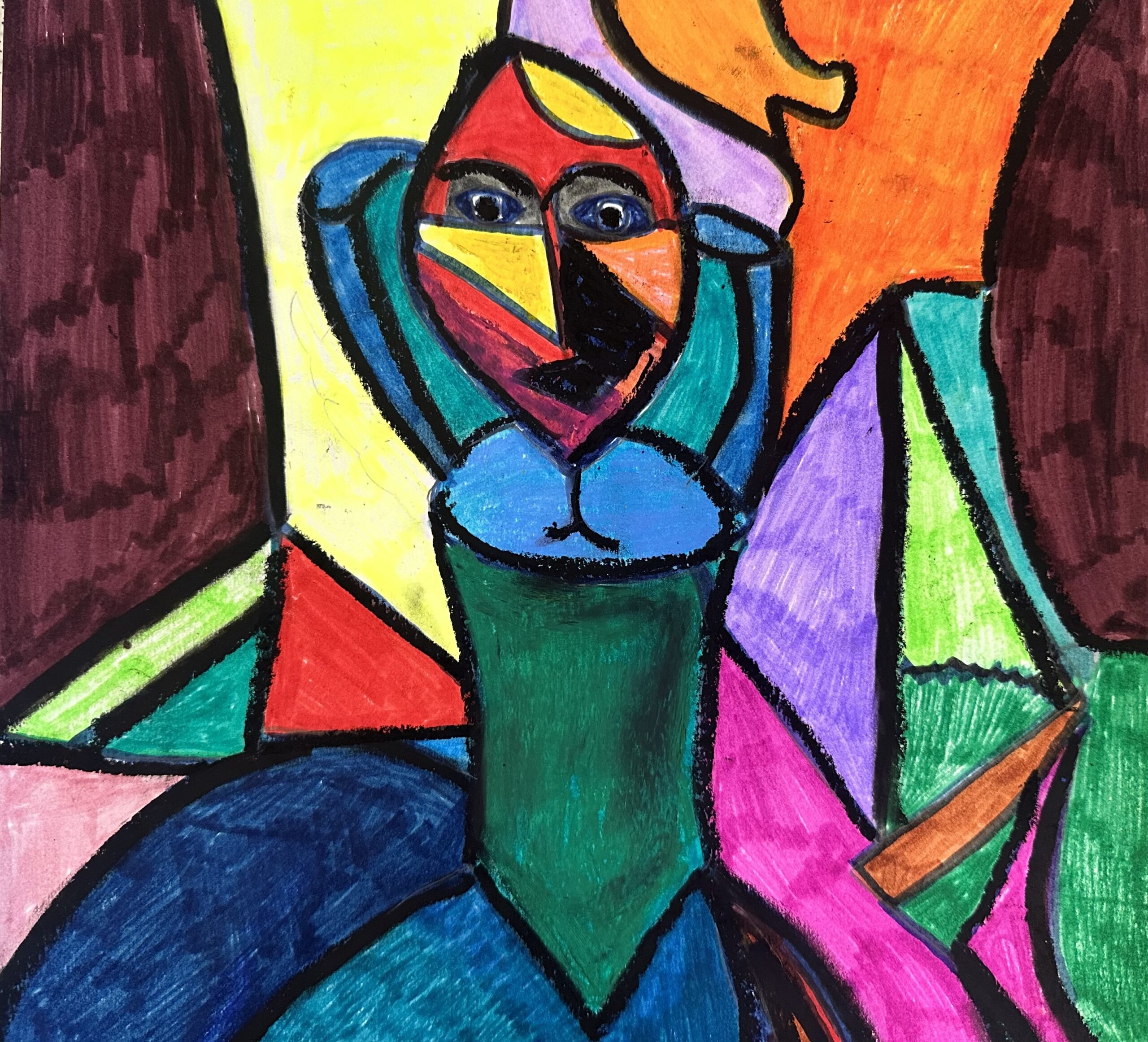 A nude person person made up of acstract shapes and colours.