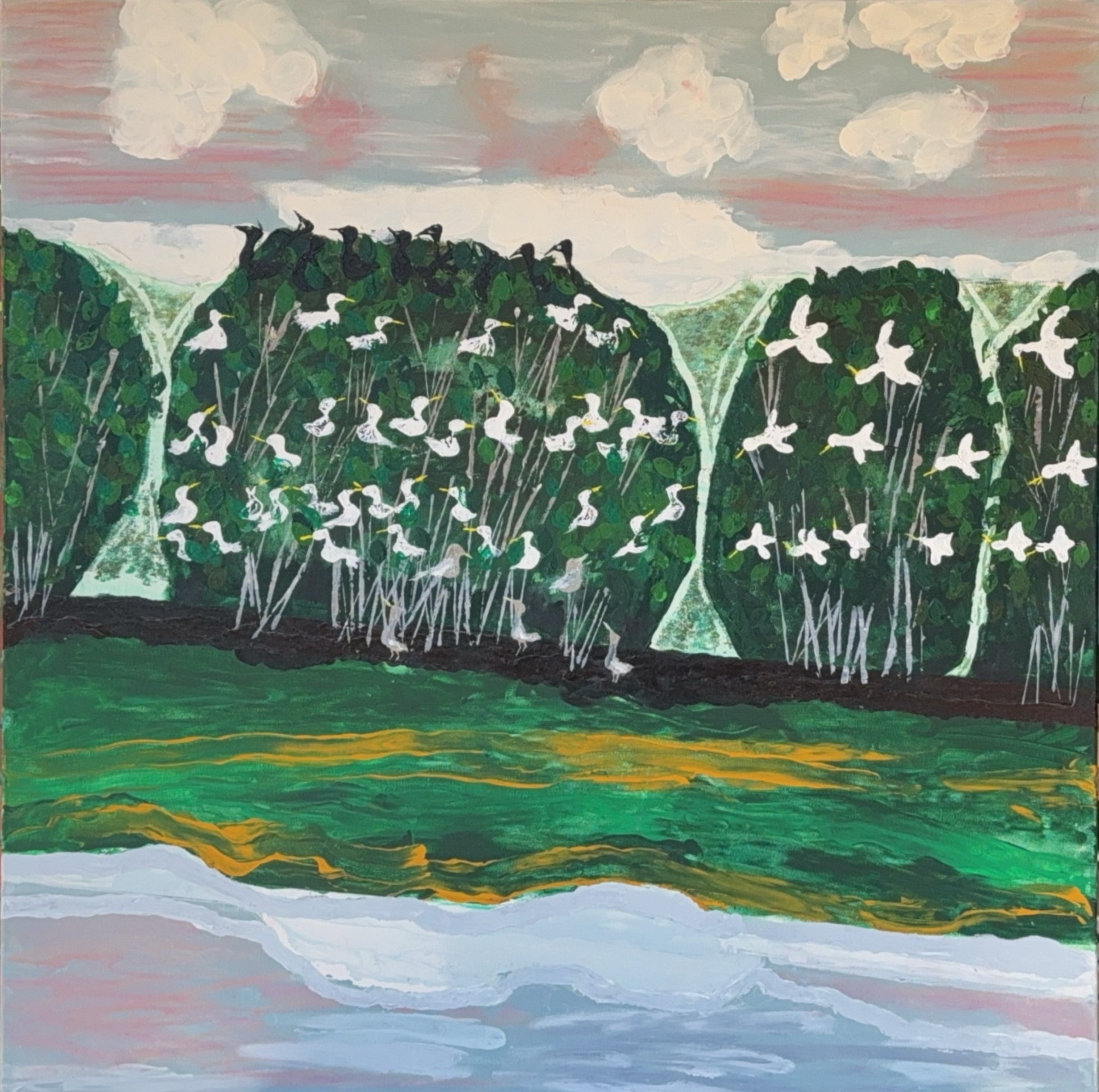 Painting of birds in trees beside a body of water and a pinkish sky.