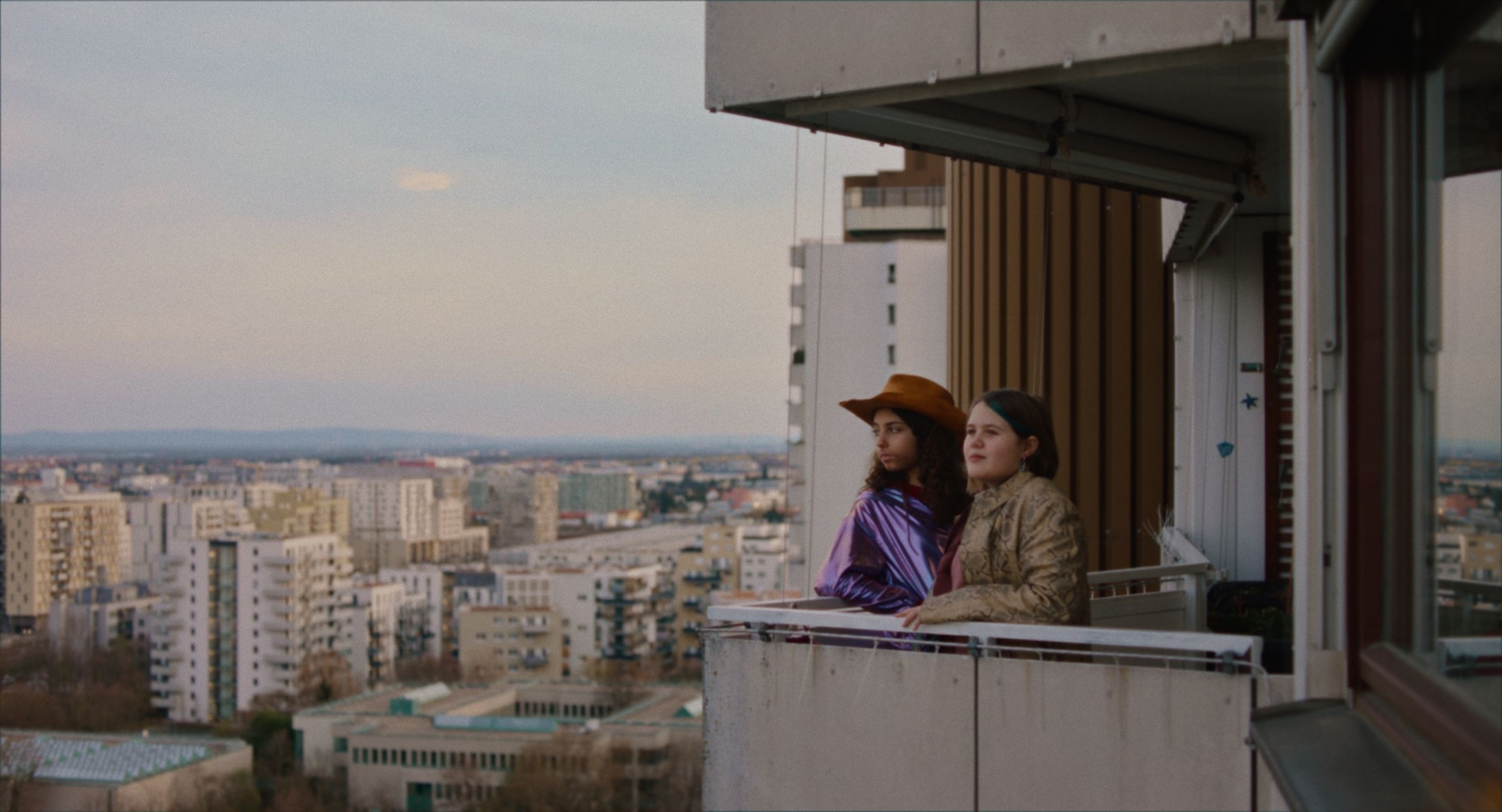 Two people stood on a balcony gazing out at the skyline.