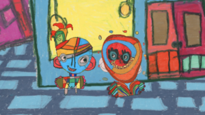 A cartoon illustration of two colourful characters.