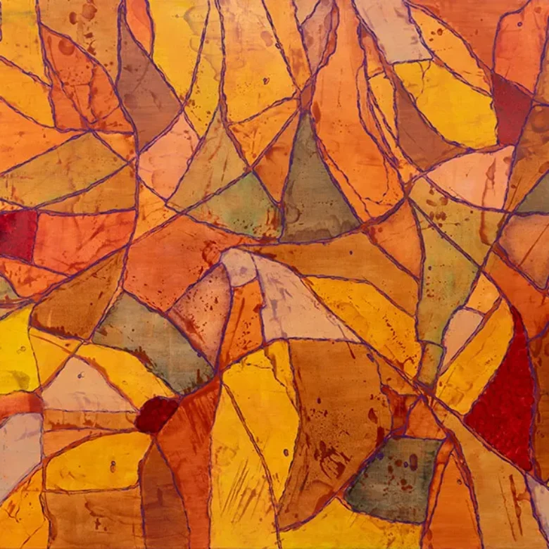 Abstract painting of cellular patterns of oranges, yellows, reds and greys.