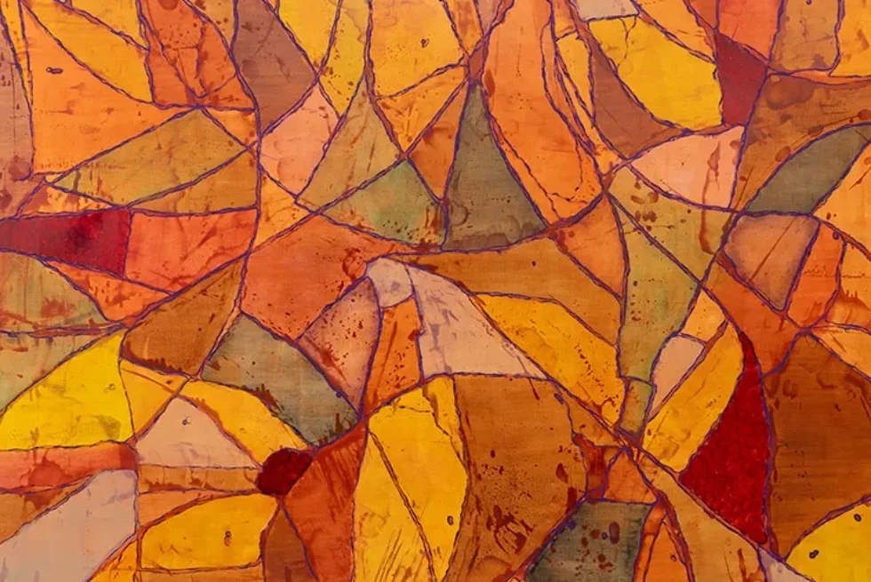 Abstract painting of cellular patterns of oranges, yellows, reds and greys.