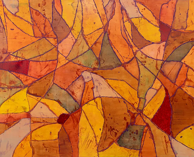 Abstract painting of cellular patterns of oranges, yellows, reds and greys.