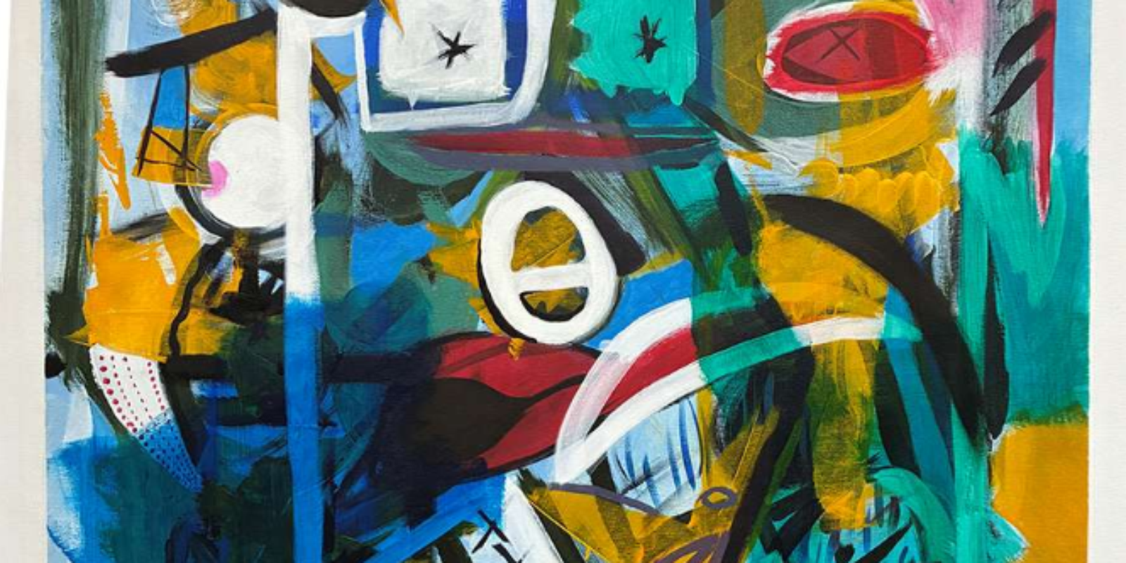 A striking abstract painting, showing bold colours, strong lines with more intricate details in the lower third.