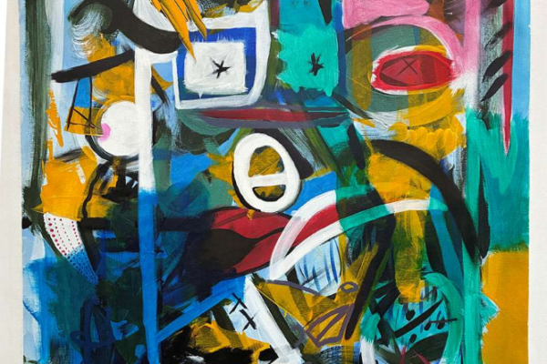 A striking abstract painting, showing bold colours, strong lines with more intricate details in the lower third.