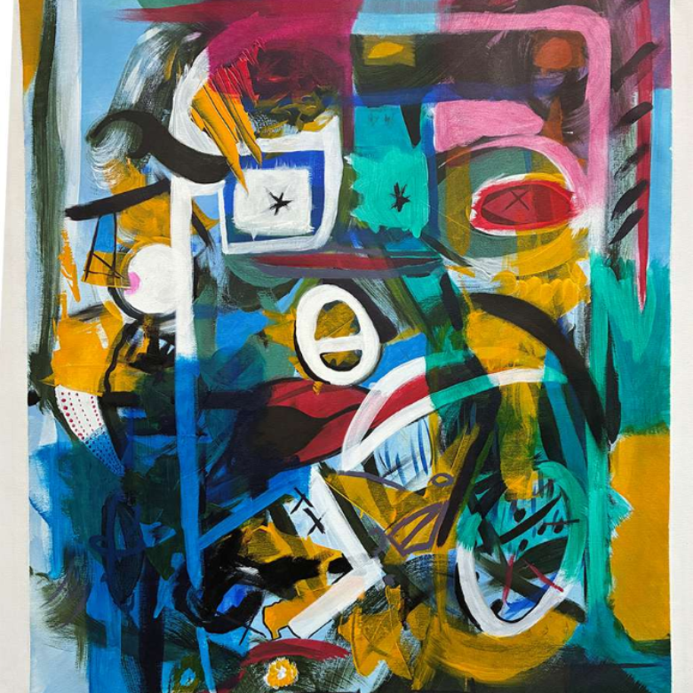 A striking abstract painting, showing bold colours, strong lines with more intricate details in the lower third.