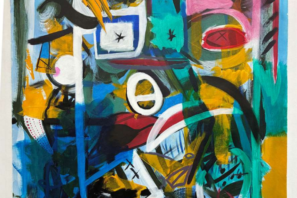 A striking abstract painting, showing bold colours, strong lines with more intricate details in the lower third.