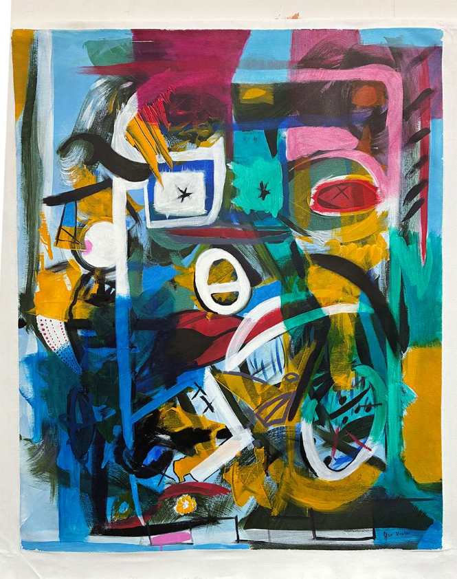 A striking abstract painting, showing bold colours, strong lines with more intricate details in the lower third.