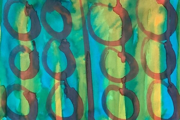 Abstract painting with primary colours and circles.