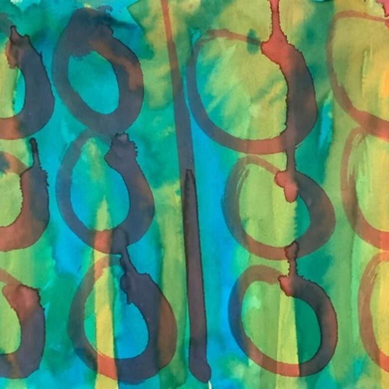 Abstract painting with primary colours and circles.