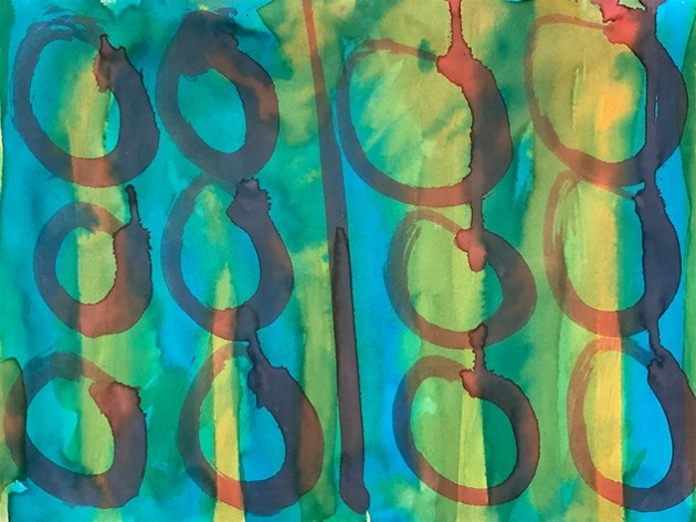 Abstract painting with primary colours and circles.