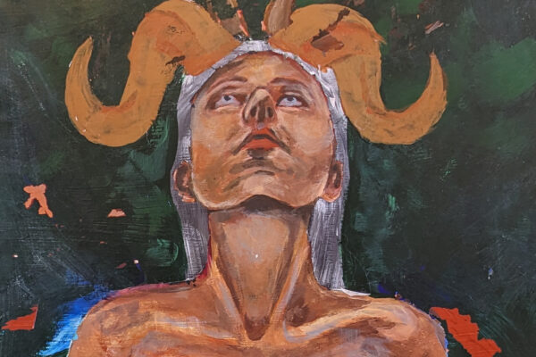 A person with horns on a green background