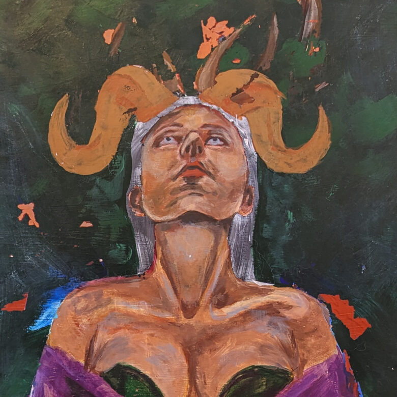 A person with horns on a green background