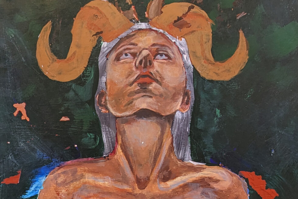 A person with horns on a green background